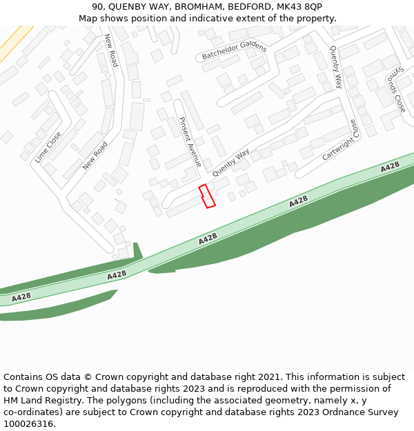 90, QUENBY WAY, BROMHAM, BEDFORD, MK43 8QP: Location map and indicative extent of plot