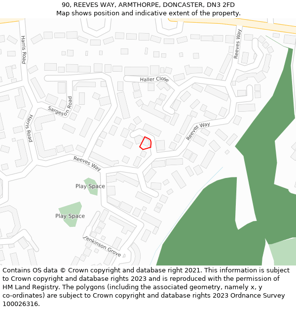 90, REEVES WAY, ARMTHORPE, DONCASTER, DN3 2FD: Location map and indicative extent of plot