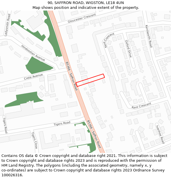 90, SAFFRON ROAD, WIGSTON, LE18 4UN: Location map and indicative extent of plot