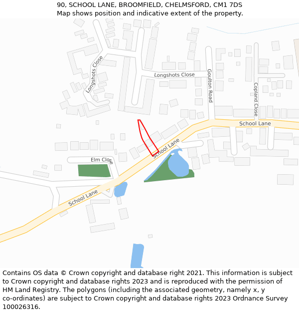 90, SCHOOL LANE, BROOMFIELD, CHELMSFORD, CM1 7DS: Location map and indicative extent of plot