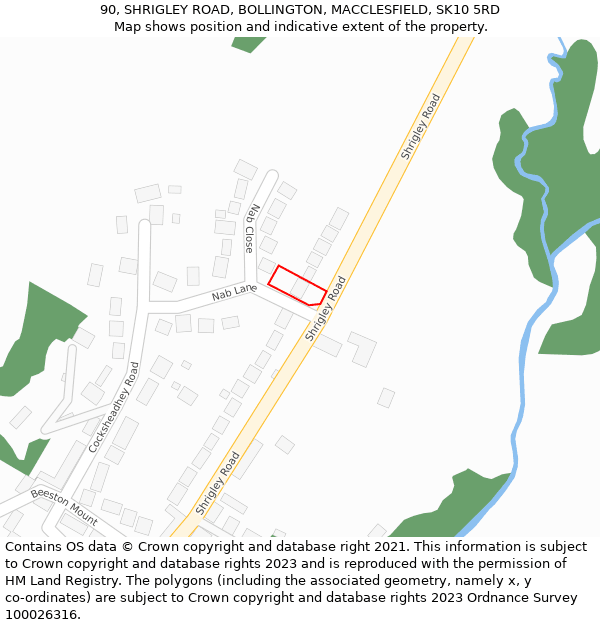 90, SHRIGLEY ROAD, BOLLINGTON, MACCLESFIELD, SK10 5RD: Location map and indicative extent of plot