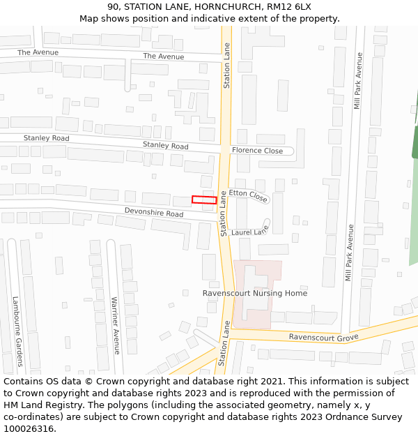 90, STATION LANE, HORNCHURCH, RM12 6LX: Location map and indicative extent of plot