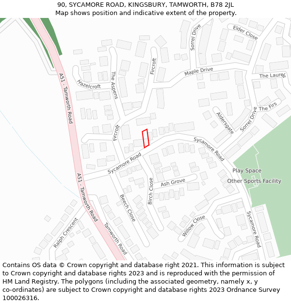 90, SYCAMORE ROAD, KINGSBURY, TAMWORTH, B78 2JL: Location map and indicative extent of plot