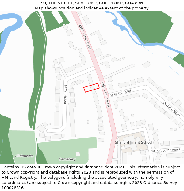 90, THE STREET, SHALFORD, GUILDFORD, GU4 8BN: Location map and indicative extent of plot