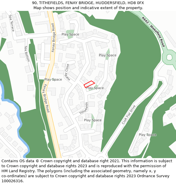 90, TITHEFIELDS, FENAY BRIDGE, HUDDERSFIELD, HD8 0FX: Location map and indicative extent of plot