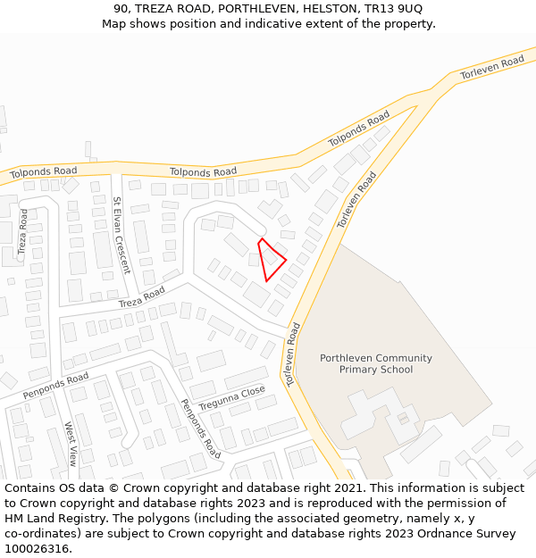 90, TREZA ROAD, PORTHLEVEN, HELSTON, TR13 9UQ: Location map and indicative extent of plot