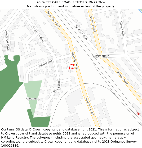 90, WEST CARR ROAD, RETFORD, DN22 7NW: Location map and indicative extent of plot