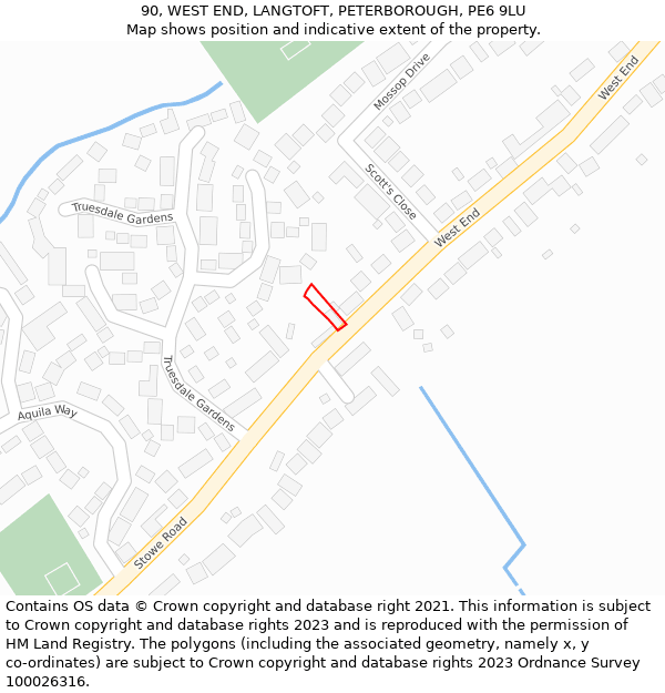 90, WEST END, LANGTOFT, PETERBOROUGH, PE6 9LU: Location map and indicative extent of plot