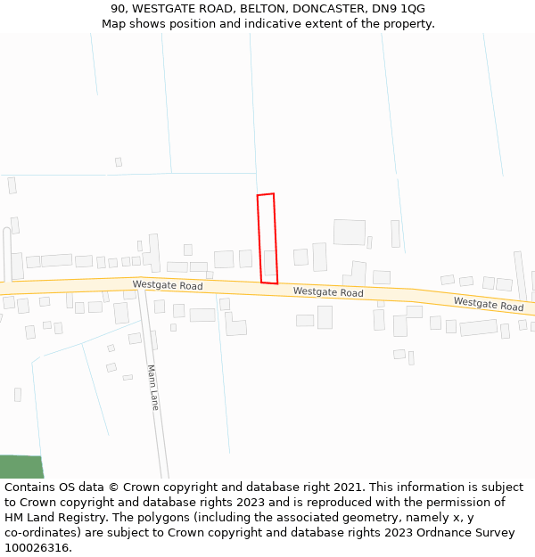 90, WESTGATE ROAD, BELTON, DONCASTER, DN9 1QG: Location map and indicative extent of plot