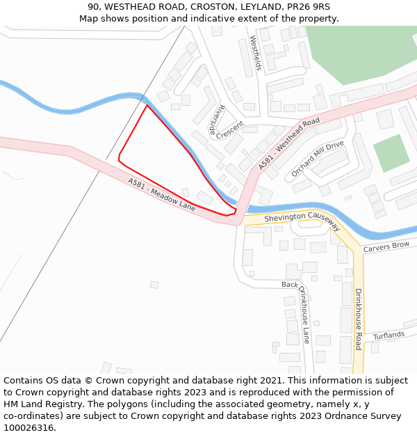 90, WESTHEAD ROAD, CROSTON, LEYLAND, PR26 9RS: Location map and indicative extent of plot