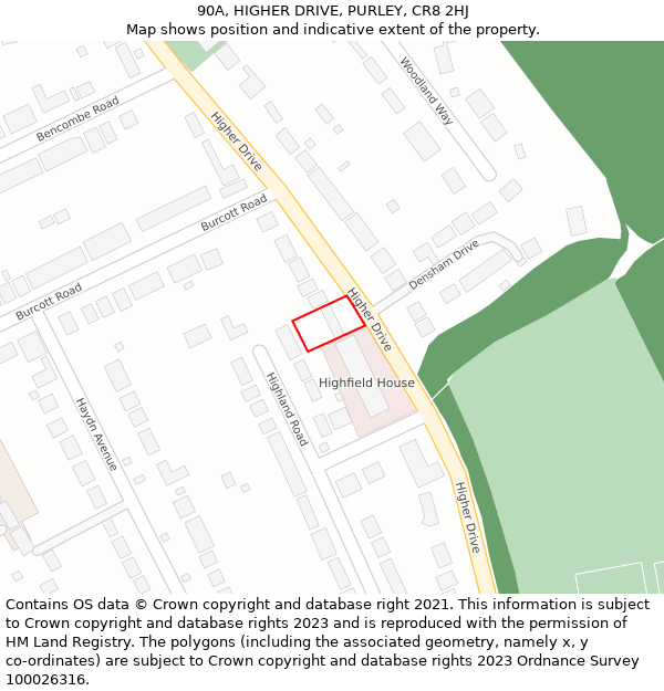 90A, HIGHER DRIVE, PURLEY, CR8 2HJ: Location map and indicative extent of plot