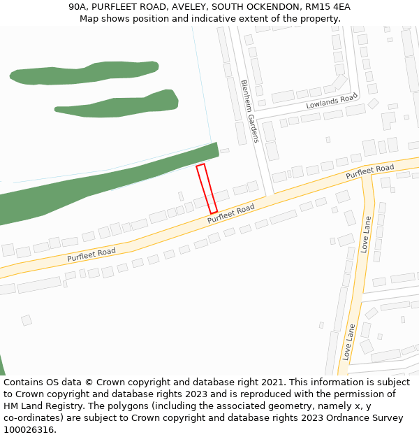 90A, PURFLEET ROAD, AVELEY, SOUTH OCKENDON, RM15 4EA: Location map and indicative extent of plot