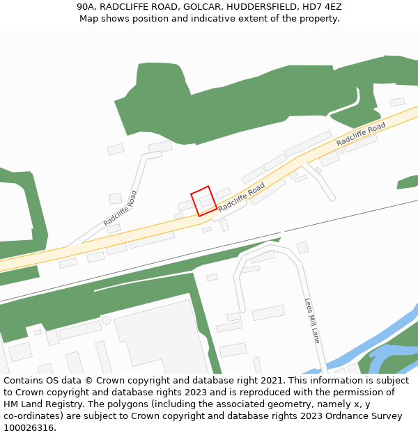 90A, RADCLIFFE ROAD, GOLCAR, HUDDERSFIELD, HD7 4EZ: Location map and indicative extent of plot