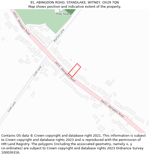 91, ABINGDON ROAD, STANDLAKE, WITNEY, OX29 7QN: Location map and indicative extent of plot