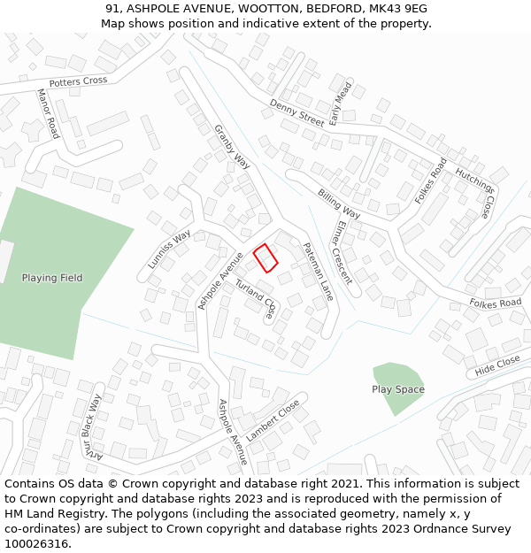 91, ASHPOLE AVENUE, WOOTTON, BEDFORD, MK43 9EG: Location map and indicative extent of plot