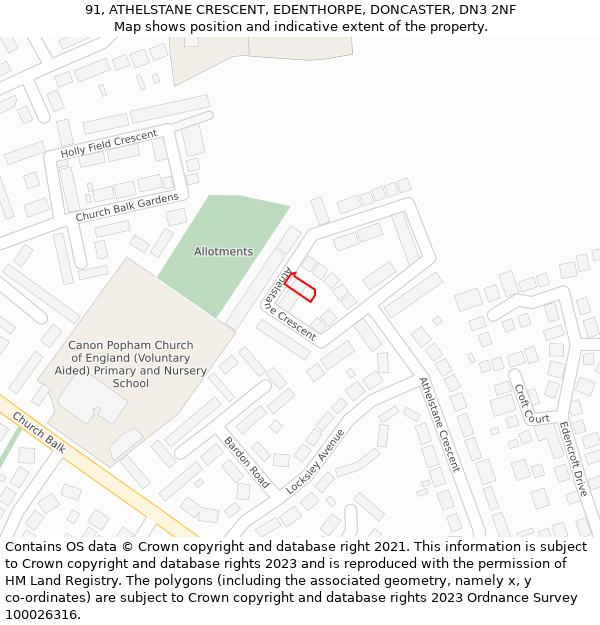 91, ATHELSTANE CRESCENT, EDENTHORPE, DONCASTER, DN3 2NF: Location map and indicative extent of plot