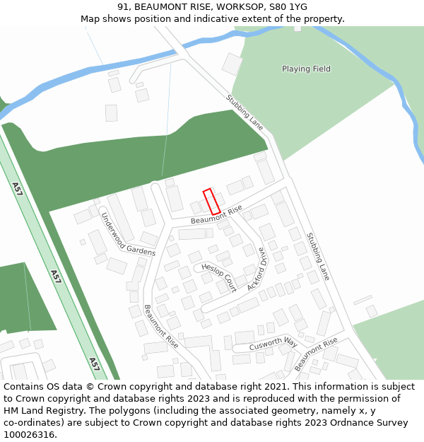91, BEAUMONT RISE, WORKSOP, S80 1YG: Location map and indicative extent of plot