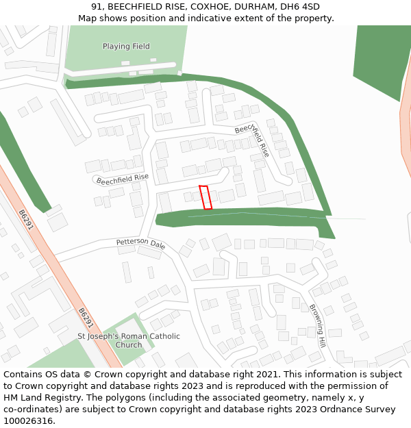 91, BEECHFIELD RISE, COXHOE, DURHAM, DH6 4SD: Location map and indicative extent of plot