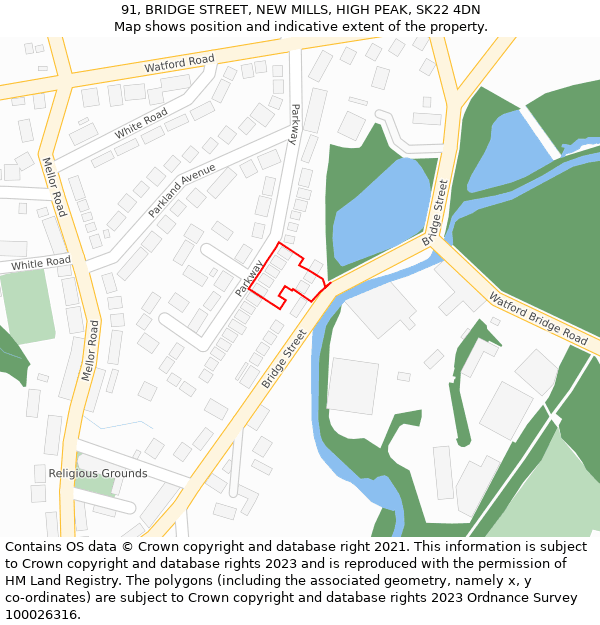 91, BRIDGE STREET, NEW MILLS, HIGH PEAK, SK22 4DN: Location map and indicative extent of plot