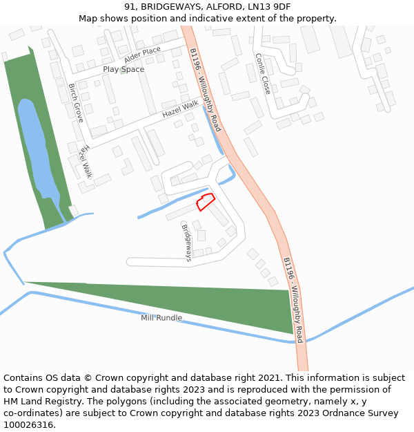 91, BRIDGEWAYS, ALFORD, LN13 9DF: Location map and indicative extent of plot