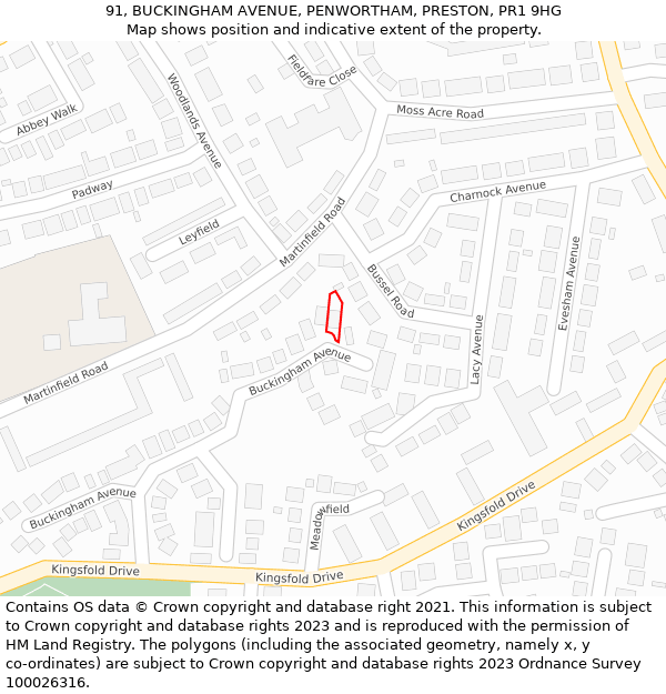 91, BUCKINGHAM AVENUE, PENWORTHAM, PRESTON, PR1 9HG: Location map and indicative extent of plot