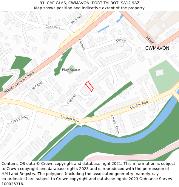 91, CAE GLAS, CWMAVON, PORT TALBOT, SA12 9AZ: Location map and indicative extent of plot