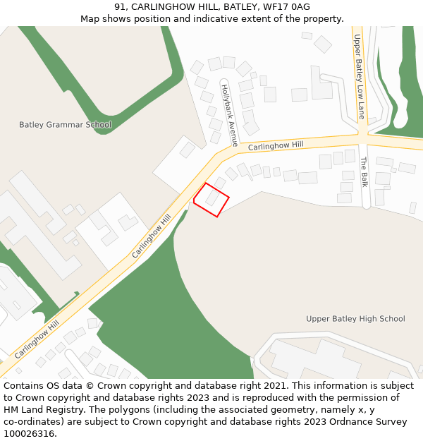 91, CARLINGHOW HILL, BATLEY, WF17 0AG: Location map and indicative extent of plot