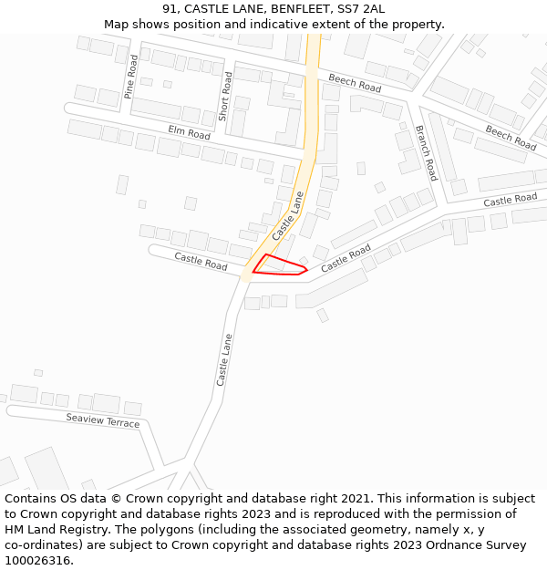 91, CASTLE LANE, BENFLEET, SS7 2AL: Location map and indicative extent of plot
