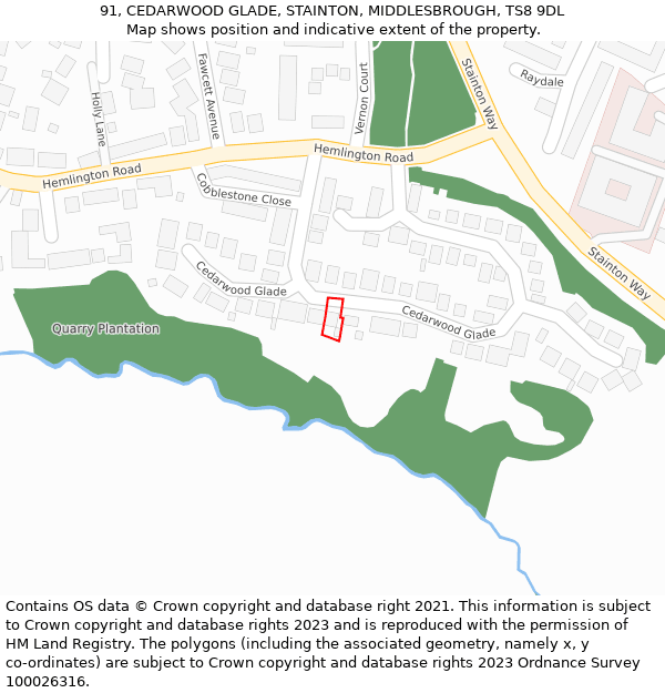 91, CEDARWOOD GLADE, STAINTON, MIDDLESBROUGH, TS8 9DL: Location map and indicative extent of plot