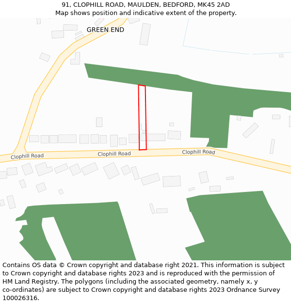 91, CLOPHILL ROAD, MAULDEN, BEDFORD, MK45 2AD: Location map and indicative extent of plot