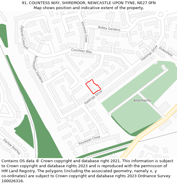 91, COUNTESS WAY, SHIREMOOR, NEWCASTLE UPON TYNE, NE27 0FN: Location map and indicative extent of plot