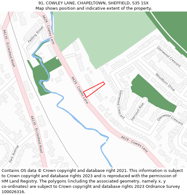 91, COWLEY LANE, CHAPELTOWN, SHEFFIELD, S35 1SX: Location map and indicative extent of plot