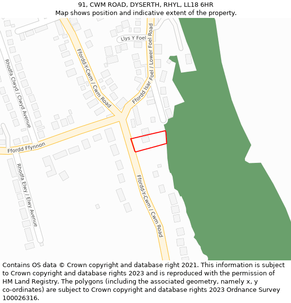 91, CWM ROAD, DYSERTH, RHYL, LL18 6HR: Location map and indicative extent of plot