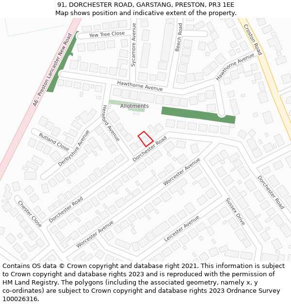 91, DORCHESTER ROAD, GARSTANG, PRESTON, PR3 1EE: Location map and indicative extent of plot