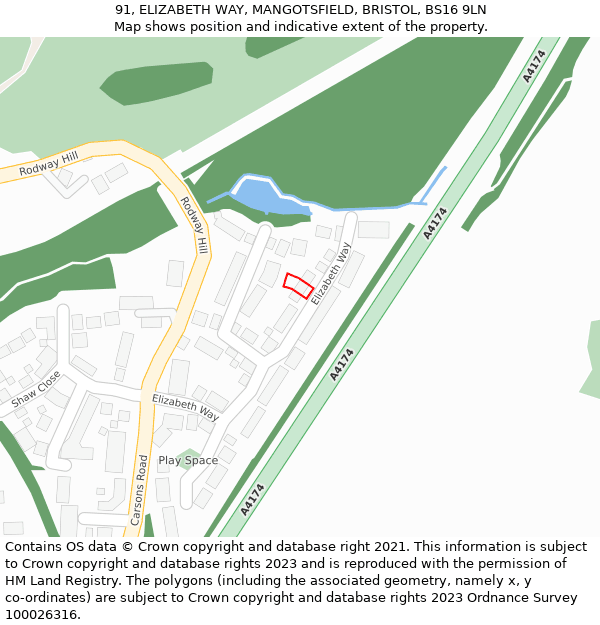 91, ELIZABETH WAY, MANGOTSFIELD, BRISTOL, BS16 9LN: Location map and indicative extent of plot