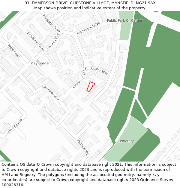91, EMMERSON DRIVE, CLIPSTONE VILLAGE, MANSFIELD, NG21 9AX: Location map and indicative extent of plot