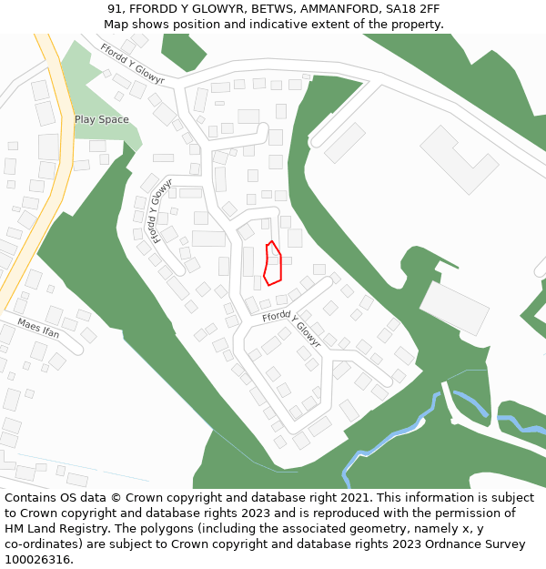 91, FFORDD Y GLOWYR, BETWS, AMMANFORD, SA18 2FF: Location map and indicative extent of plot