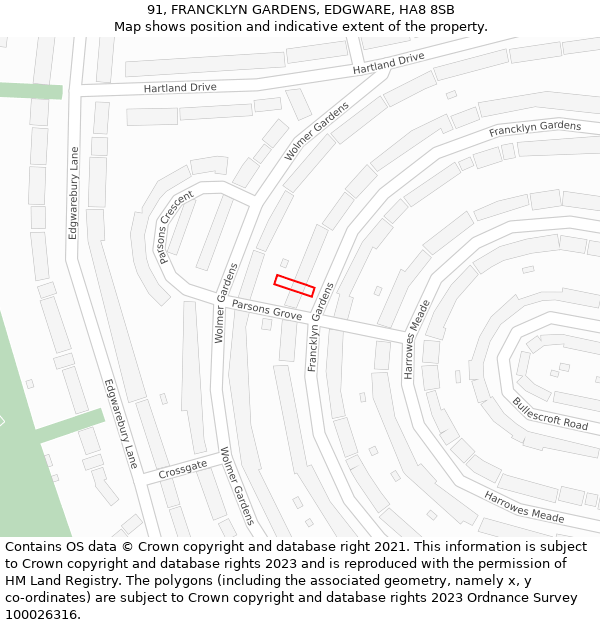 91, FRANCKLYN GARDENS, EDGWARE, HA8 8SB: Location map and indicative extent of plot