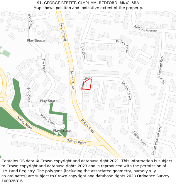 91, GEORGE STREET, CLAPHAM, BEDFORD, MK41 6BA: Location map and indicative extent of plot