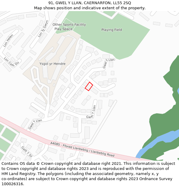 91, GWEL Y LLAN, CAERNARFON, LL55 2SQ: Location map and indicative extent of plot