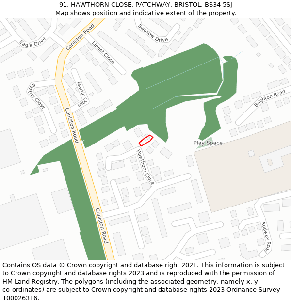 91, HAWTHORN CLOSE, PATCHWAY, BRISTOL, BS34 5SJ: Location map and indicative extent of plot