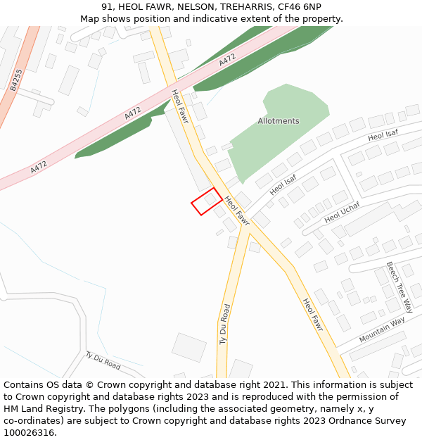 91, HEOL FAWR, NELSON, TREHARRIS, CF46 6NP: Location map and indicative extent of plot