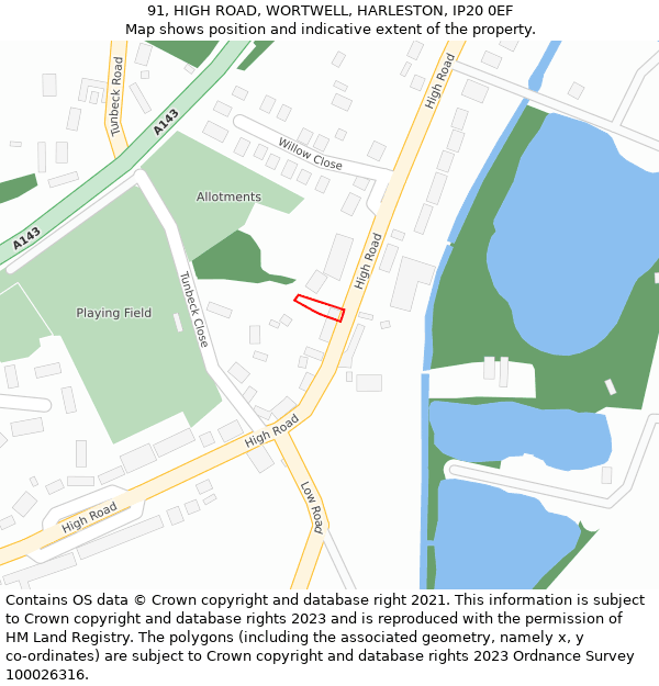 91, HIGH ROAD, WORTWELL, HARLESTON, IP20 0EF: Location map and indicative extent of plot