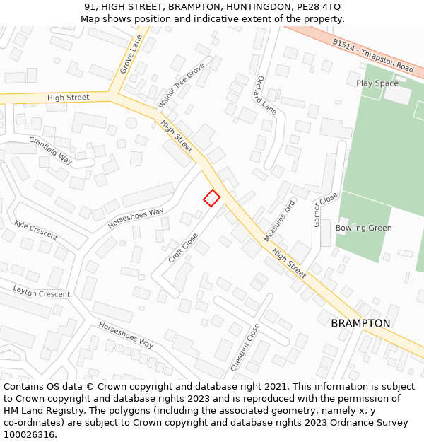 91, HIGH STREET, BRAMPTON, HUNTINGDON, PE28 4TQ: Location map and indicative extent of plot