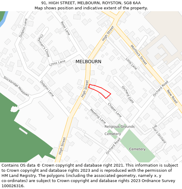 91, HIGH STREET, MELBOURN, ROYSTON, SG8 6AA: Location map and indicative extent of plot