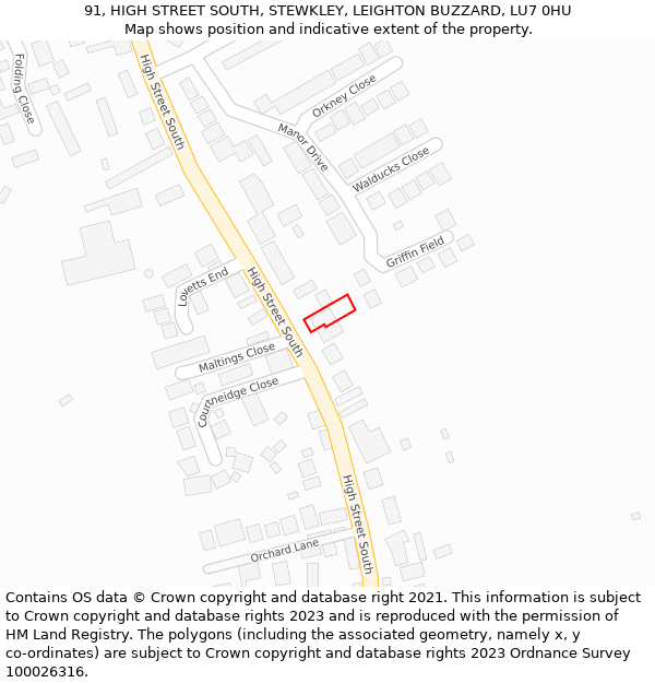 91, HIGH STREET SOUTH, STEWKLEY, LEIGHTON BUZZARD, LU7 0HU: Location map and indicative extent of plot