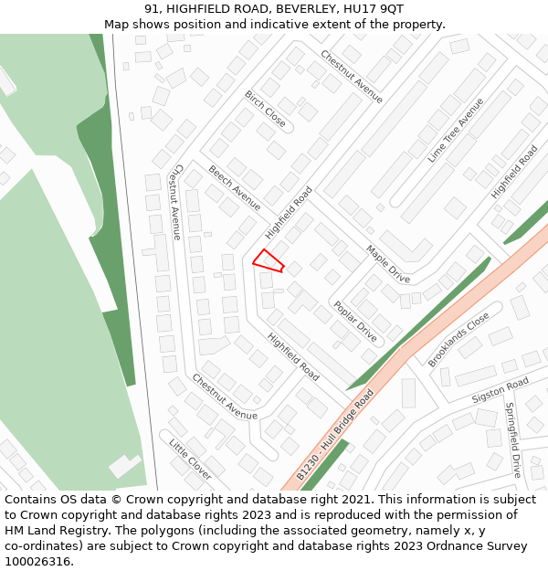 91, HIGHFIELD ROAD, BEVERLEY, HU17 9QT: Location map and indicative extent of plot
