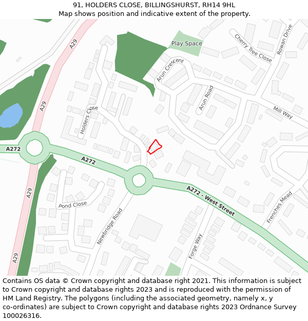 91, HOLDERS CLOSE, BILLINGSHURST, RH14 9HL: Location map and indicative extent of plot