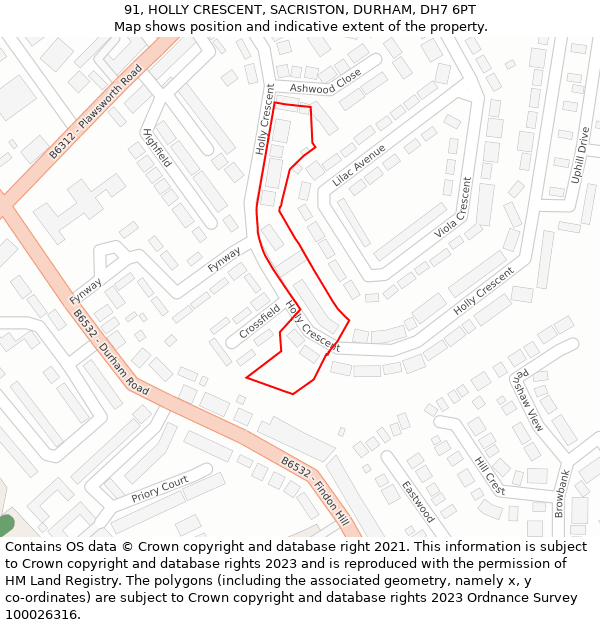 91, HOLLY CRESCENT, SACRISTON, DURHAM, DH7 6PT: Location map and indicative extent of plot