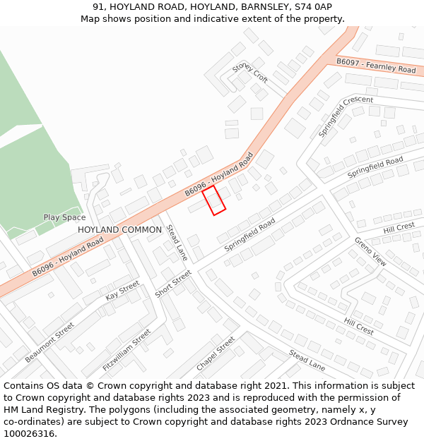 91, HOYLAND ROAD, HOYLAND, BARNSLEY, S74 0AP: Location map and indicative extent of plot